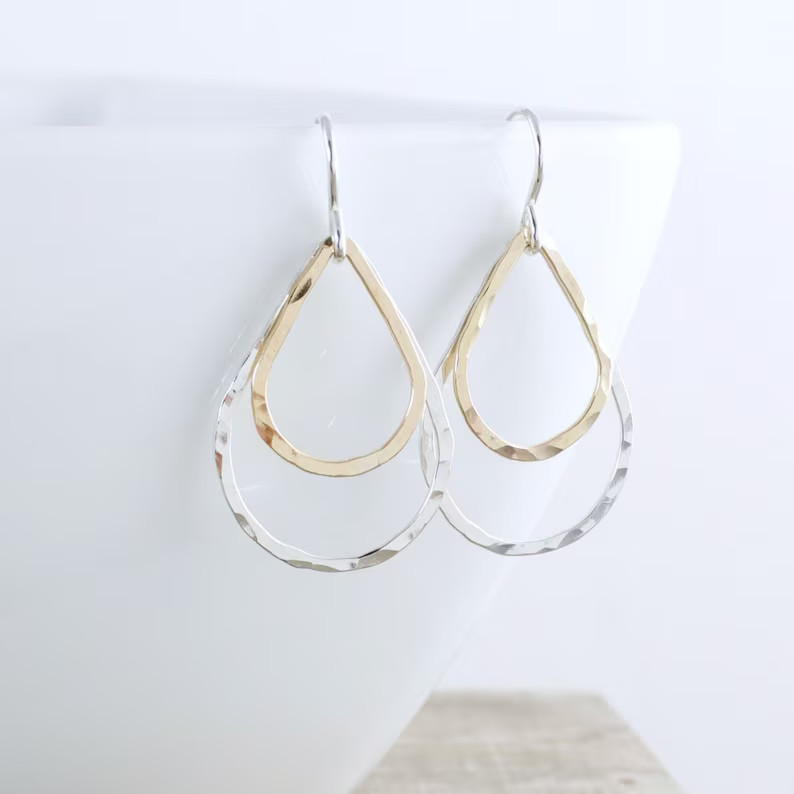 Silver and Gold Earrings Teardrop Earrings Mixed Metal Dangle Earrings Minimalist Earrings Simple... | Etsy (US)