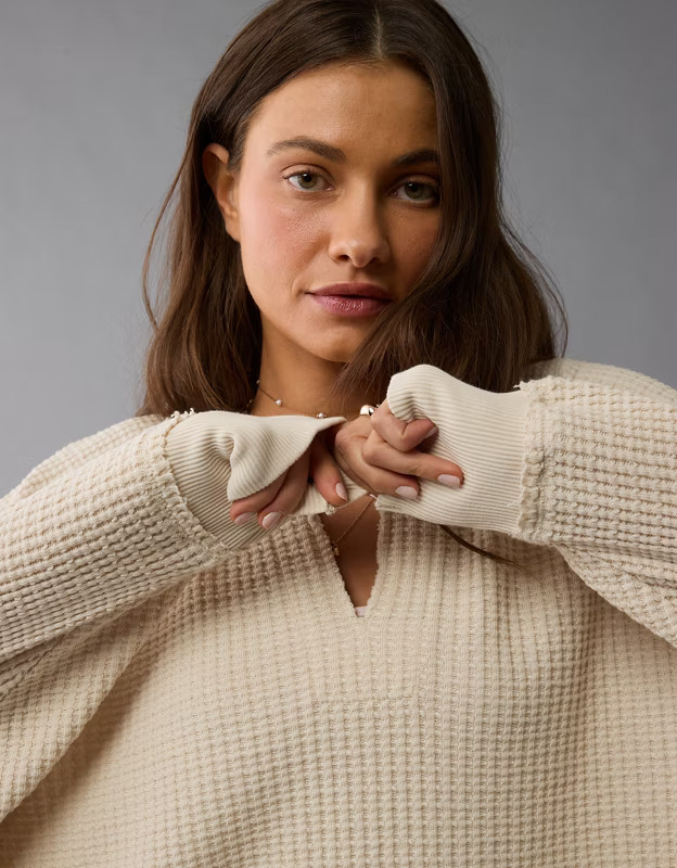 AE Big Hug Notch Neck Waffle Sweatshirt | American Eagle Outfitters (US & CA)