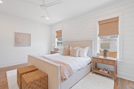 White bedroom with wood accents 