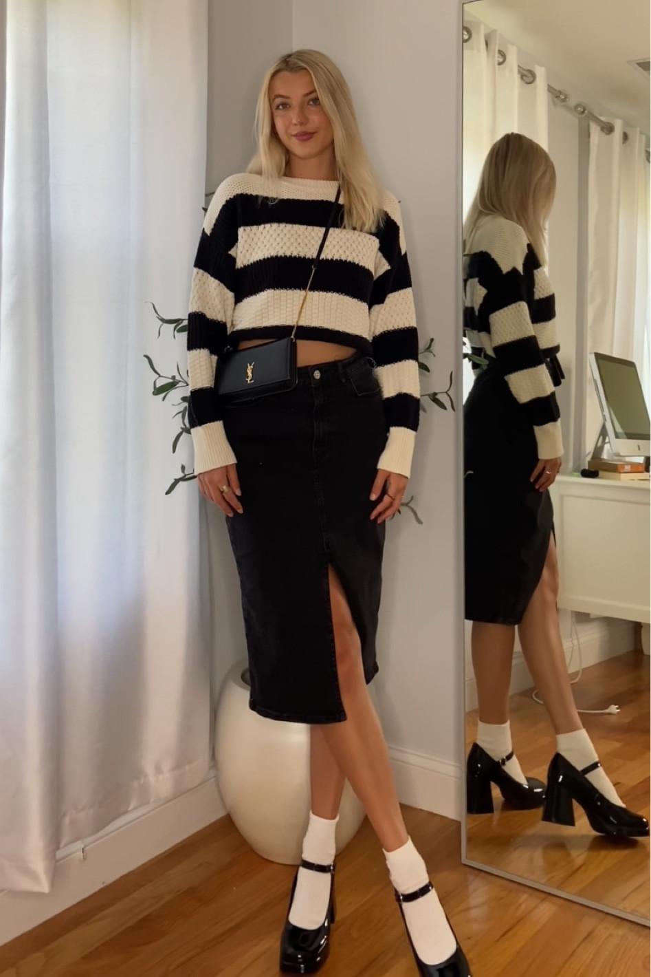 the perfect fall outfit: a striped black and white knit sweater, a denim midi black front slit skirt and my favorite pair of Maryjanes

#LTKunder100 #LTKSeasonal #LTKstyletip