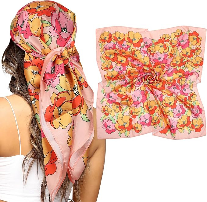 35” Silk Scarf for Women Large Head Scarf Square Hair Scarf Satin Hair Bandana Printed Silk Sle... | Amazon (US)