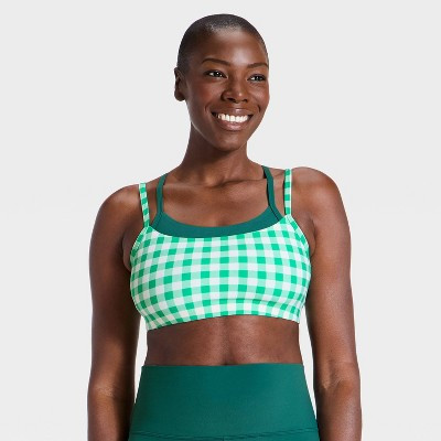 Women's Everyday Soft Light Support Layered Sports Bra - All In Motion™ Green Gingham 1X | Target