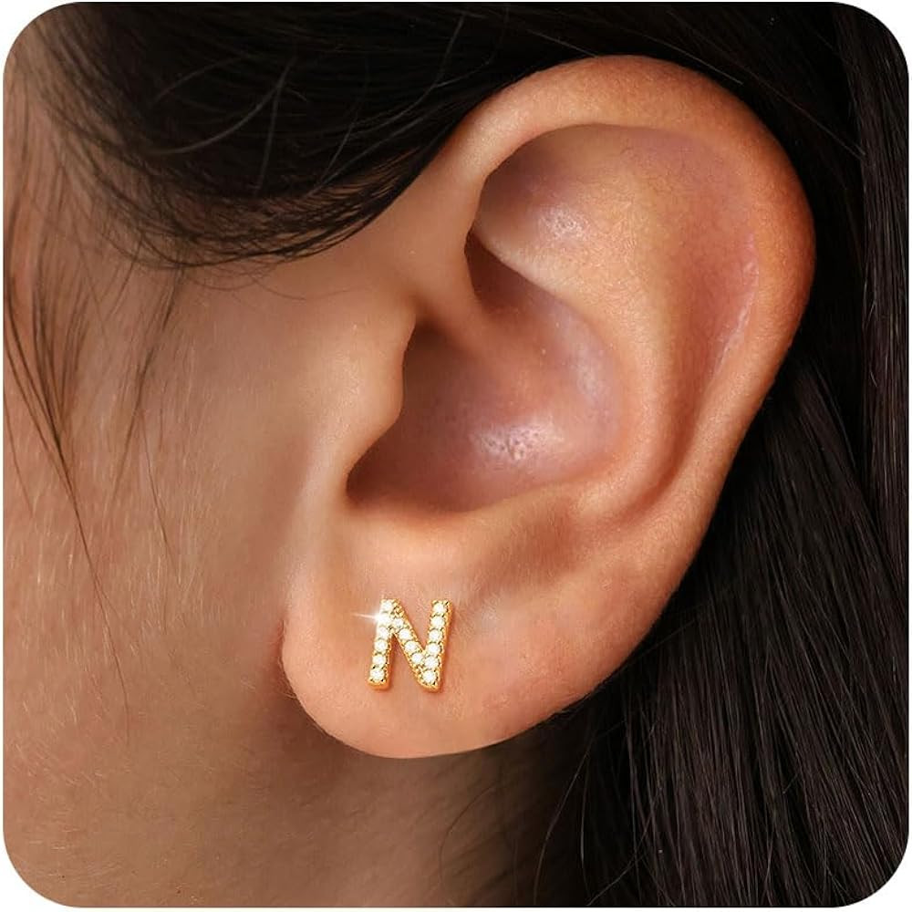 Gold Stud Earrings for Women 925 Sterling Silver Hypoallergenic Initial Letter Earrings 14K Gold ... | Amazon (US)