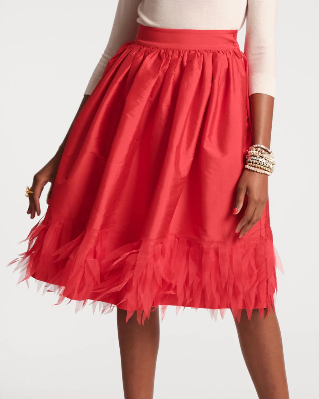 Barbara Midi Skirt Feather Fringe Red | Frances Valentine