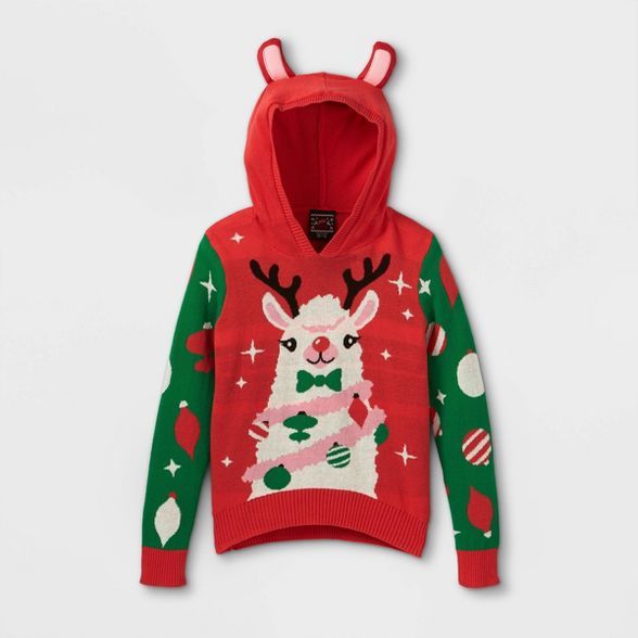 Girls' Llama Hooded Pullover Sweater - Red | Target