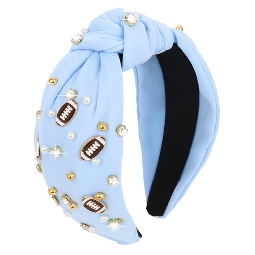 YARIEW Football Headband for Women Pearl Rhinestone Jeweled Knotted Headband Fashion Headband Wide Game Day Sports Hair Accessories Gift for Football Mom Fans Christmas (Light Blue) | Amazon (US)