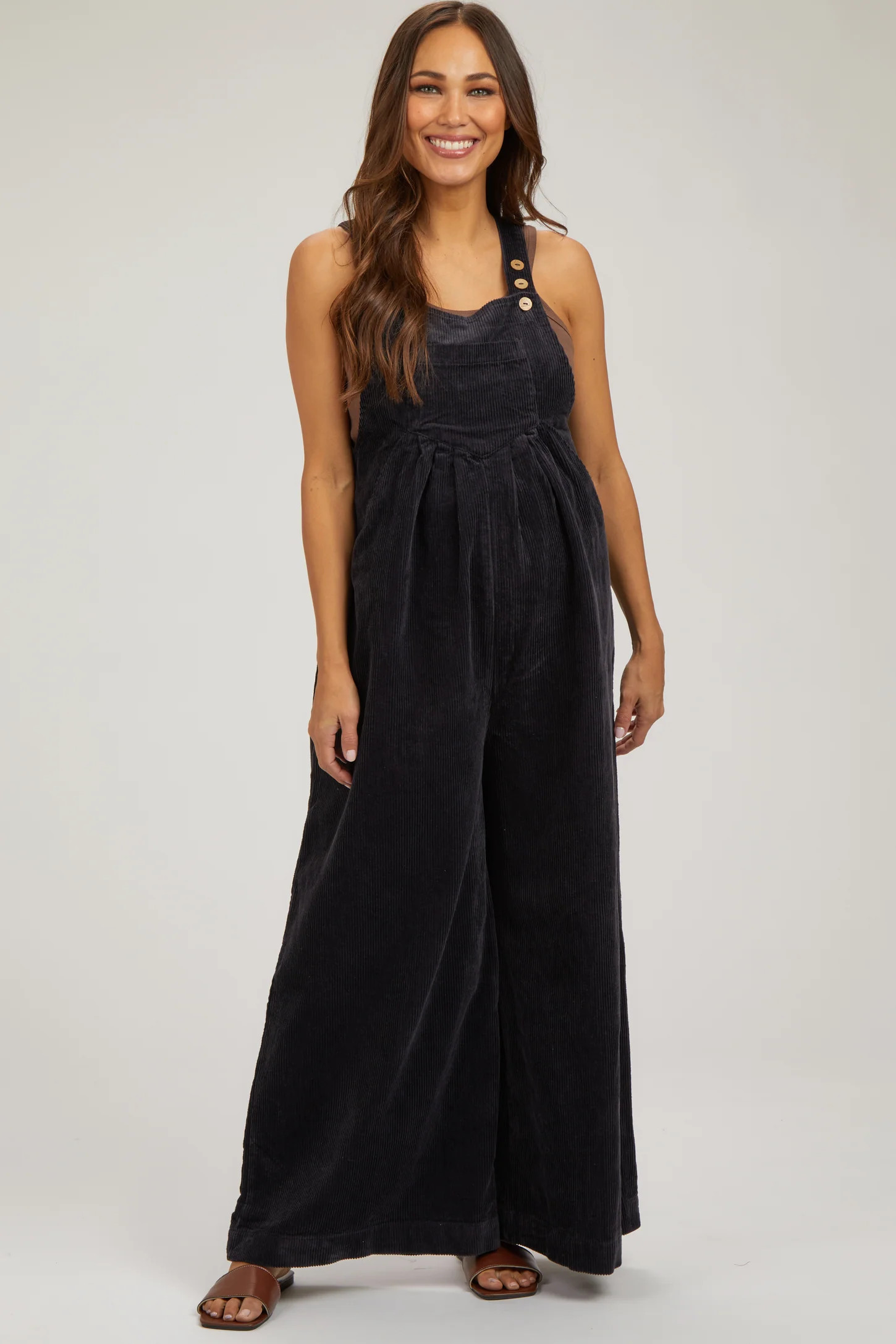 Charcoal Corduroy Maternity Wide Leg Overalls | PinkBlush Maternity