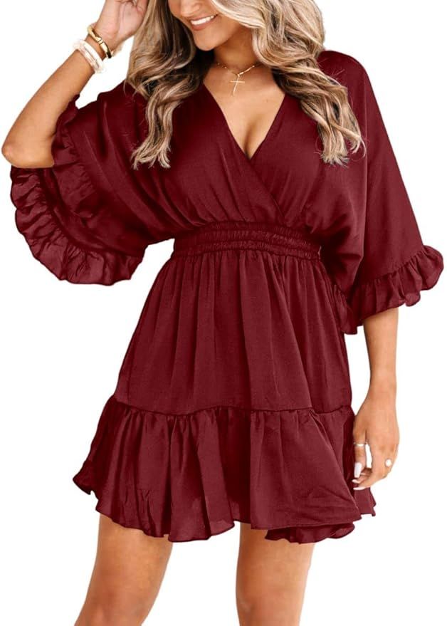 Aoysky Womens V Neck Casual Dresses Summer Loose High Waist Ruffle Pleated Cute Mini Short Dress | Amazon (US)