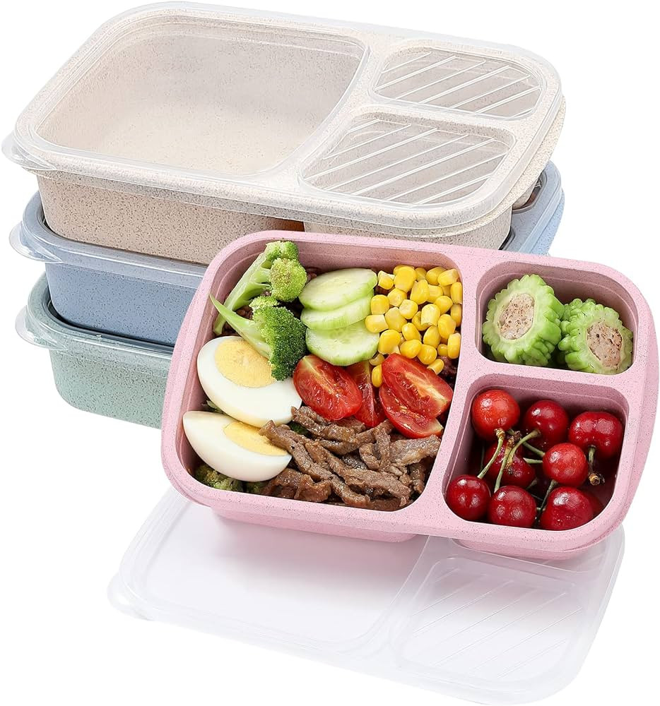 4 Pack Bento Lunch Box Set 3 Compartment Food Storage Containers Wheat Straw Meal Prep Lunch Box ... | Amazon (US)