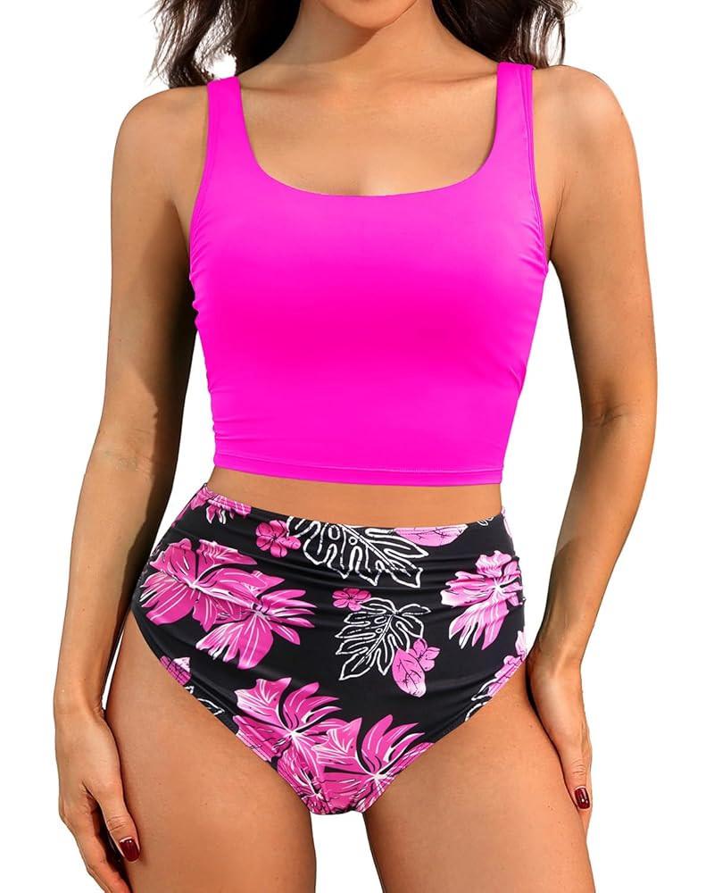 Tempt Me Women Two Piece Tankini Swimsuits - Crop Swim Top with High Waisted Bottom Tummy Control... | Amazon (US)