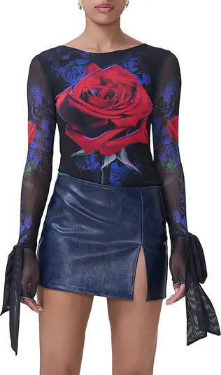 Beyla Mixed Print Tie Cuff Backless Mesh Top | Nordstrom