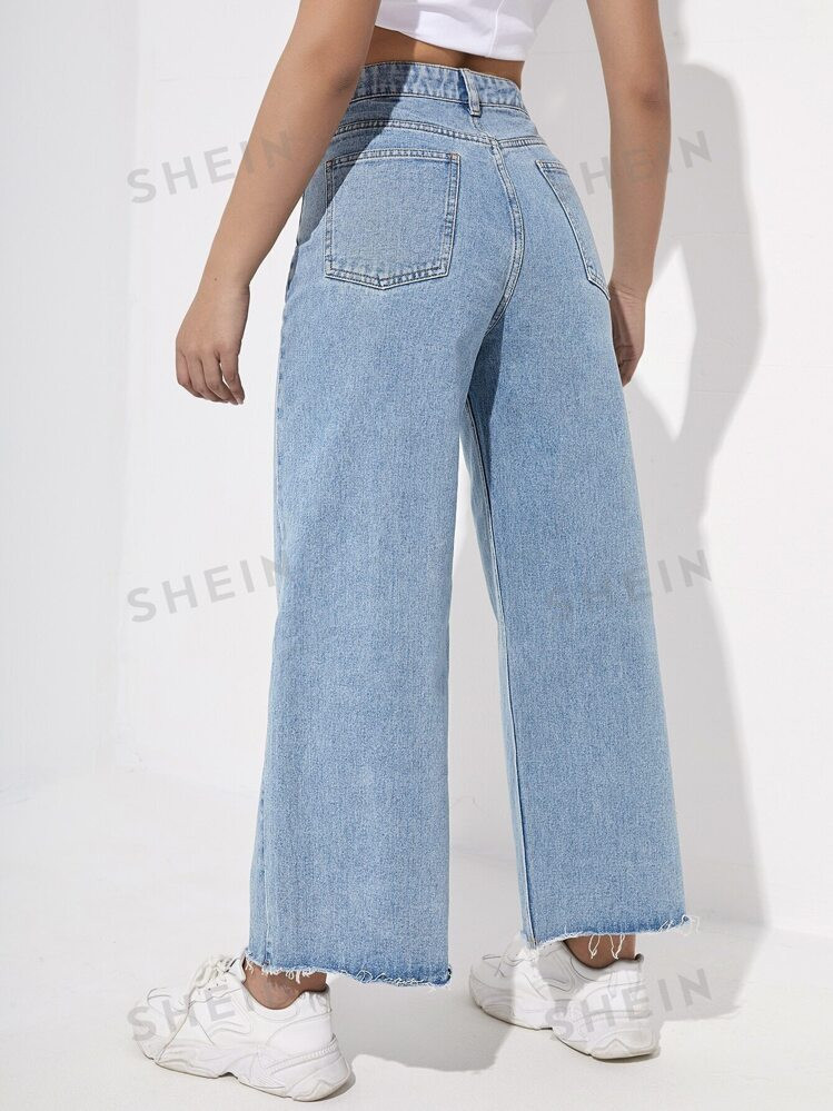SHEIN EZwear Zipper Fly Raw Hem Wide Leg Jeans | SHEIN USA | SHEIN