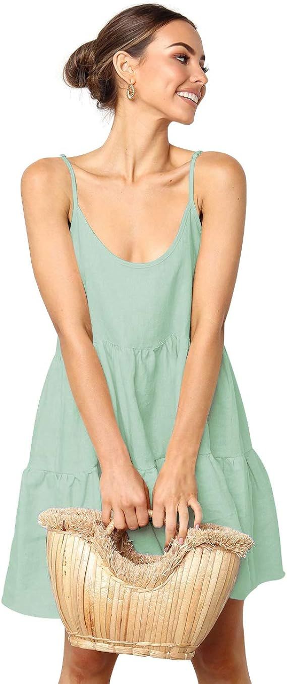 LOMON Spaghetti Strap Dress for Women Pleated Swing Dress Backless Casual Mini Dress | Amazon (US)