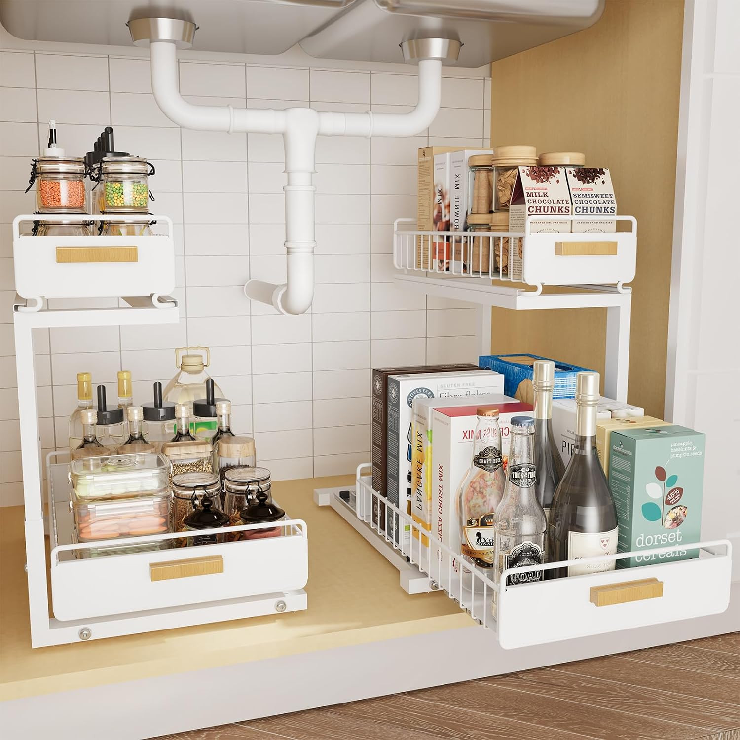 2 Pack Under Sink Organizer with Ball Bearing Sliding Drawer, Heavy Duty Pull Out Cabinet Organizer, 2 Tier Adjustable Storage Rack for Kitchen Bathroom, Space Saving Design, White | Amazon (US)