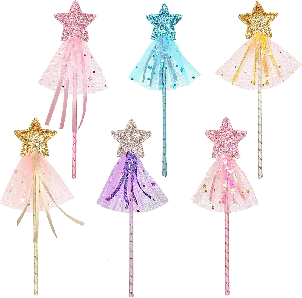 6 PCS Glitter Princess Wand Kit Girls Fairy Wand Star Wands Fairy Magic Dress-up Wand for Girl's Pri | Amazon (US)