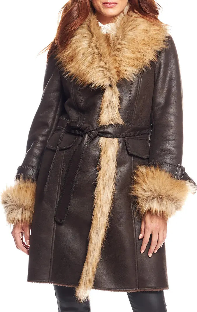 Dakota Belted Faux Suede Coat with Faux Fur Trim | Nordstrom