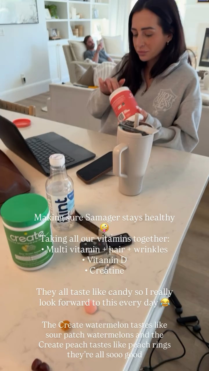 Making sure Samager stays healthy 🤪
Taking all our vitamins together:
• Multi vitamin + hair + wrinkles
• Vitamin D
• Creatine

They all taste like candy so I really look forward to this every day 😂 The Create watermelon tastes like sour patch watermelons and the Create peach tastes like peach rings they’re all sooo good