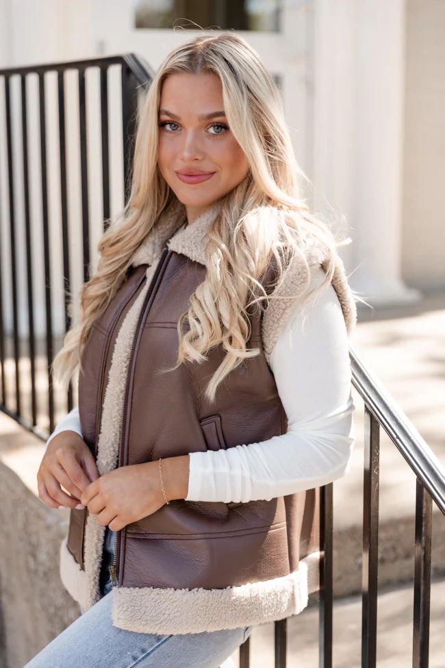 Nothing Else Left Brown Faux Leather Sherpa Trim Oversized Vest | Pink Lily