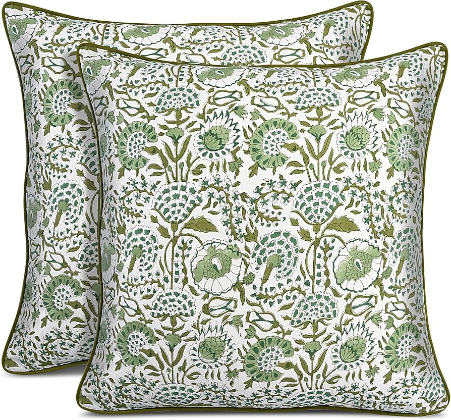 CPC 100% Cotton Throw Pillow Covers 20x20 Inch, Set of 2 Green Block Print Pattern Couch Pillow, ... | Amazon (US)