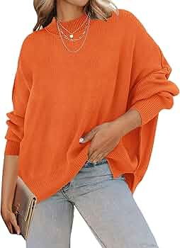ZESICA Women's 2024 Fall Casual Long Sleeve Crew Neck Side Slit Oversized Ribbed Knit Pullover Sw... | Amazon (US)