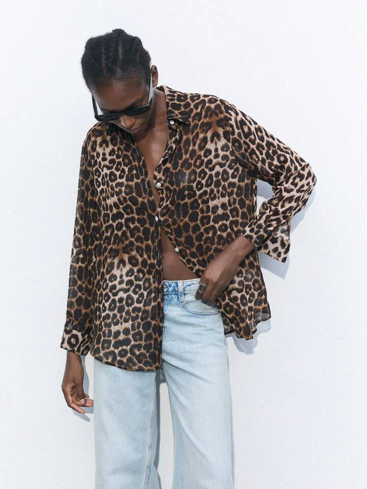 Maija Women's Leopard Print Drop Shoulder Long Sleeve Loose Casual Shirt, Flowy Summer | SHEIN