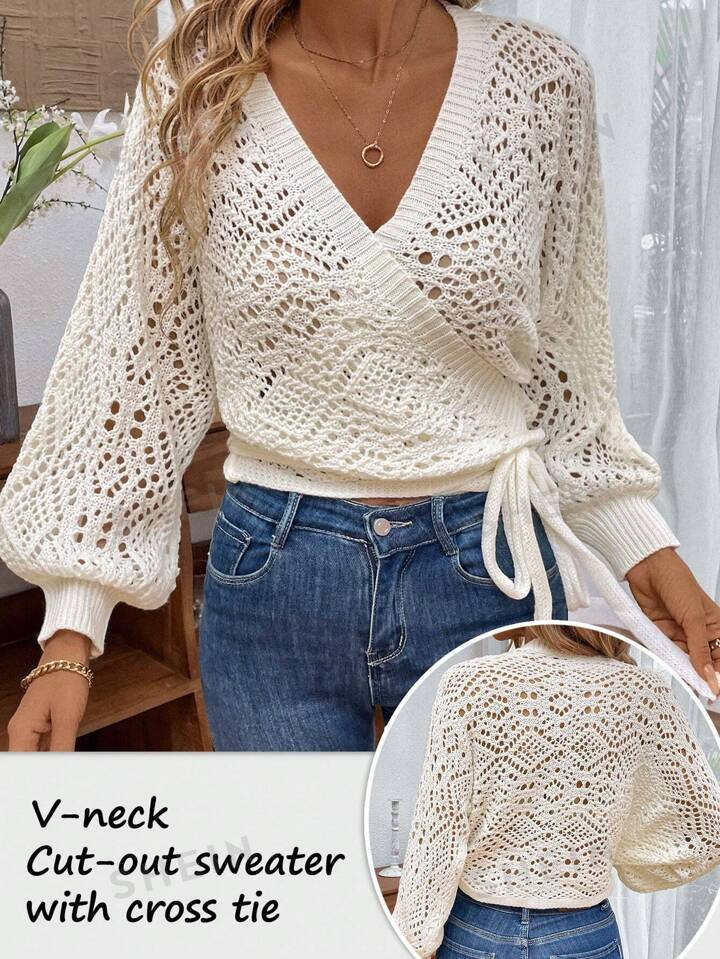 SHEIN Essnce Lantern Sleeve V Neck Knot Side Pointelle Knit Cardigan | SHEIN USA | SHEIN