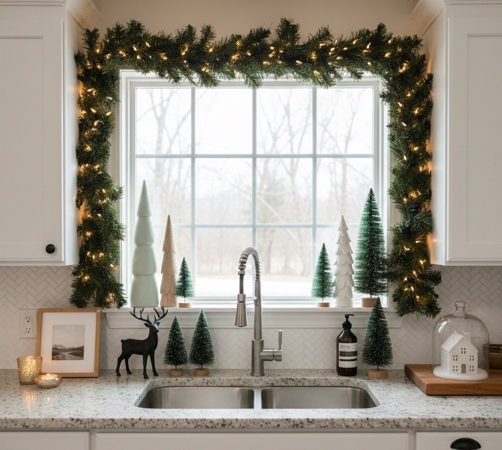 Transform your kitchen for the holidays with this simple, serene, and stylish look! I'm obsessed with layering neutral bottle brush trees, ceramic evergreens, and incorporating subtle woodland elements like the reindeer and framed art. The window garland with soft white lights is the ultimate festive touch—perfect for adding holiday cheer to a space that's often overlooked. Everything is linked, including the exact garland, the set of neutral trees, and that cute little house under the cloche! Tap to shop this cozy winter look and bring a little Christmas magic to your sink area!

#LTKSeasonal #LTKHoliday #LTKHome