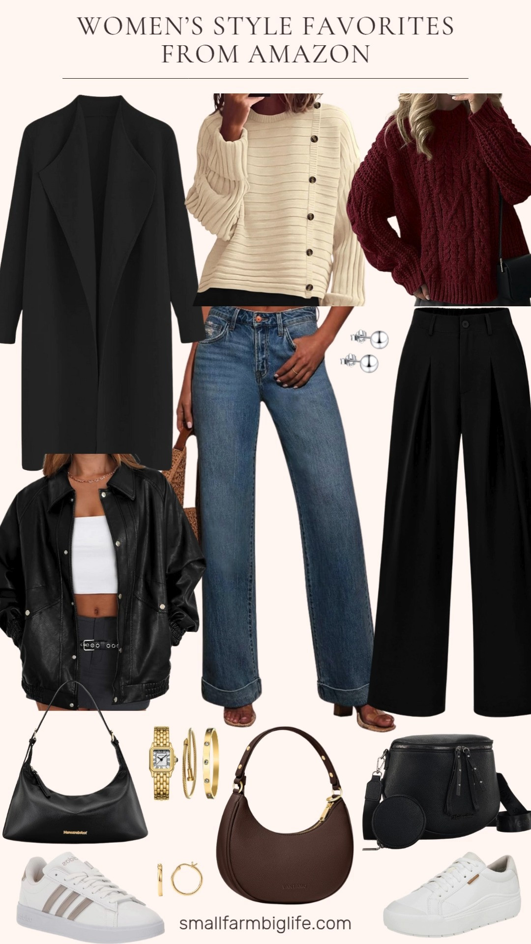Amazon style staples I’m loving right now ✨ From white sneakers (including my fave Adidas) and classic jeans, to a cozy black sweater jacket, cream sweater, and rich burgundy sweater. Finished with a black bag, brown bag, chic gold jewelry, black pants, and the must have black faux leather jacket for effortless everyday style! 

 #LTKOver40 #LTKFindsUnder50 #LTKStyleTip