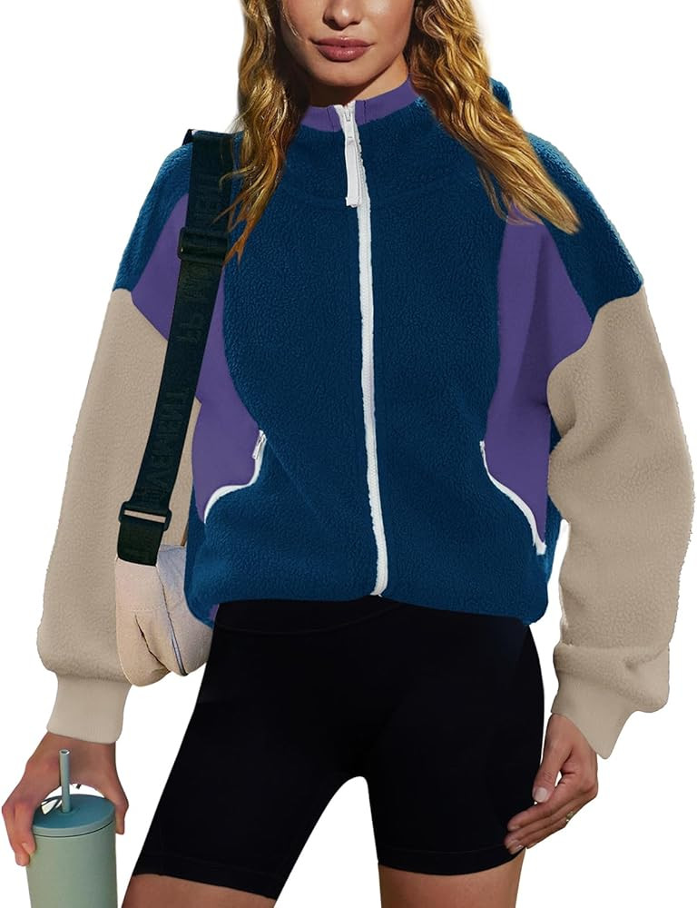LAMISSCHE Fleece Jacket Women Zip up Sweatshirt Sherpa Oversized Hoodie Colorblock Winter Coats w... | Amazon (US)