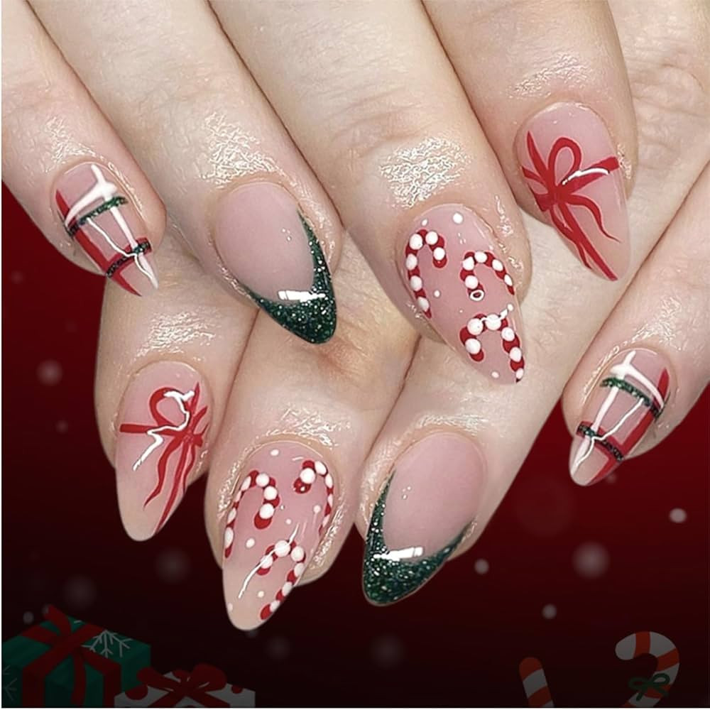 Christmas Press on Nails Medium Almond Fake Nails French Tip Nails Press Ons Christmas Gift Bow F... | Amazon (US)