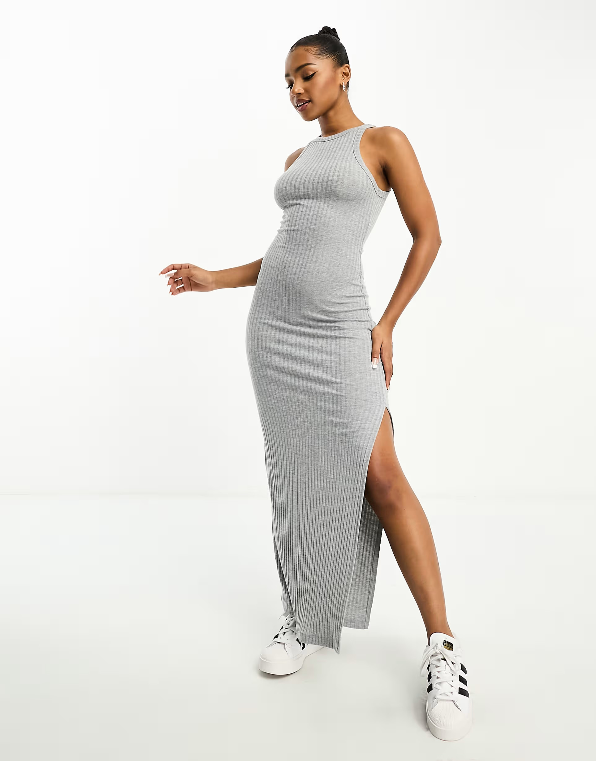 Miss Selfridge rib halter neck midi dress in grey marl | ASOS (Global)