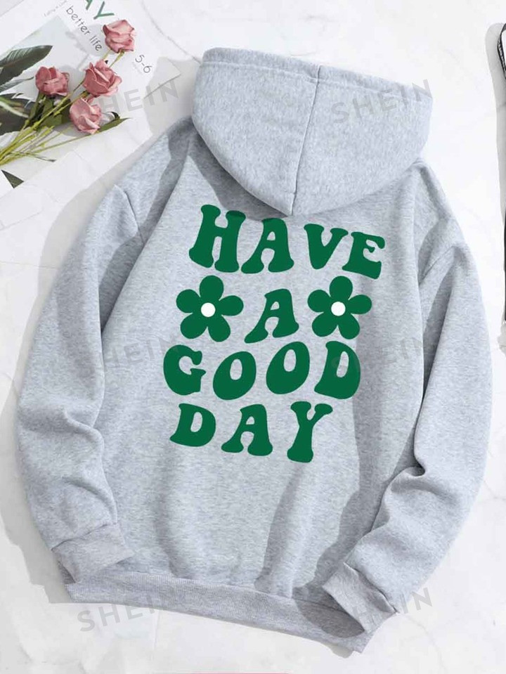 SHEIN Qutie Plus Floral & Slogan Graphic Kangaroo Pocket Drawstring Thermal Lined Hoodie | SHEIN