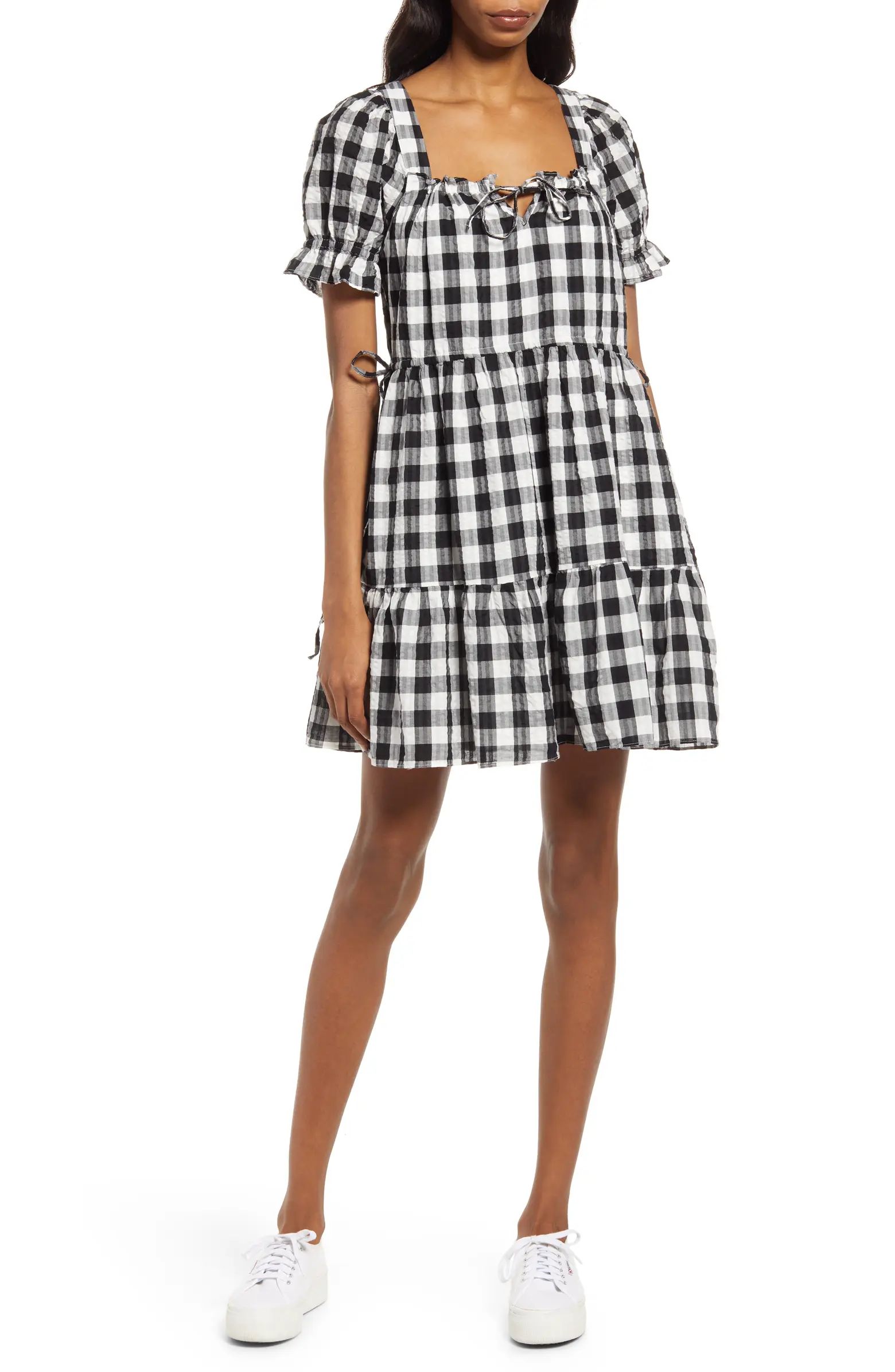 Gingham Seersucker Square Neck Tiered Minidress | Nordstrom