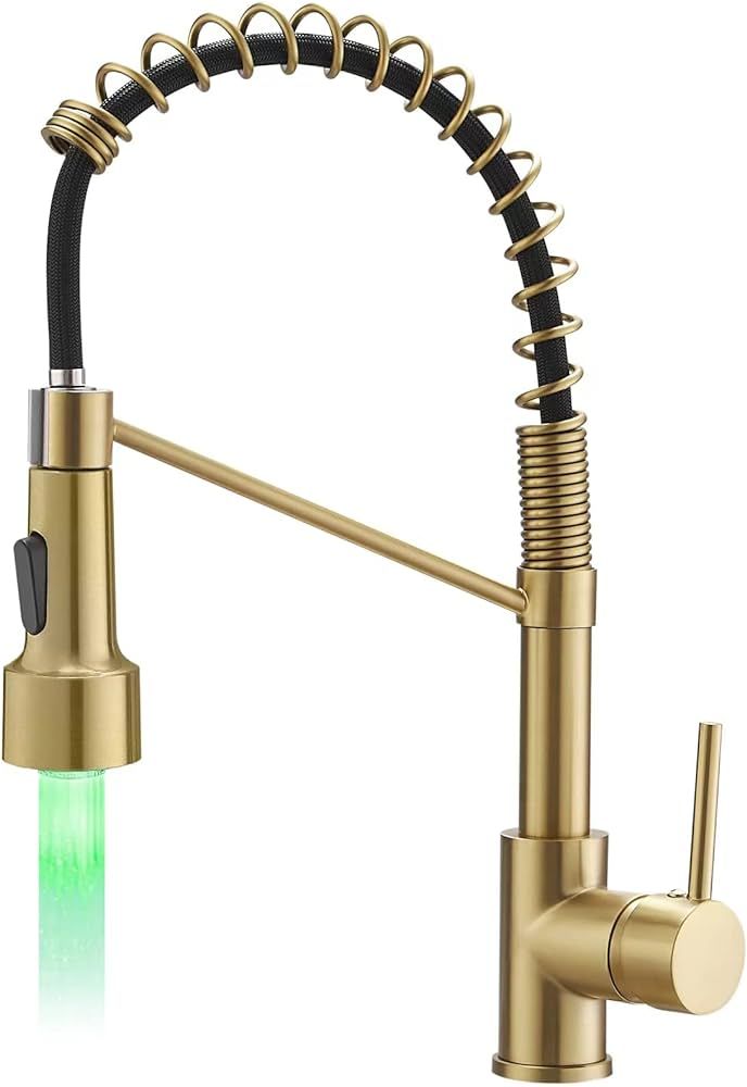 Gold Kitchen Faucet with Sprayer,AIMADI Modern Single Handle Spring Brushed Gold Pull Down Kitche... | Amazon (US)