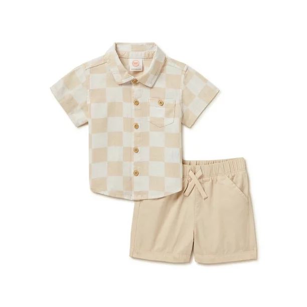 Wonder Nation Baby Boys Checkered Button Down Shirt and Shorts, 2-Piece Resort Set, Sizes 0-24 Mo... | Walmart (US)