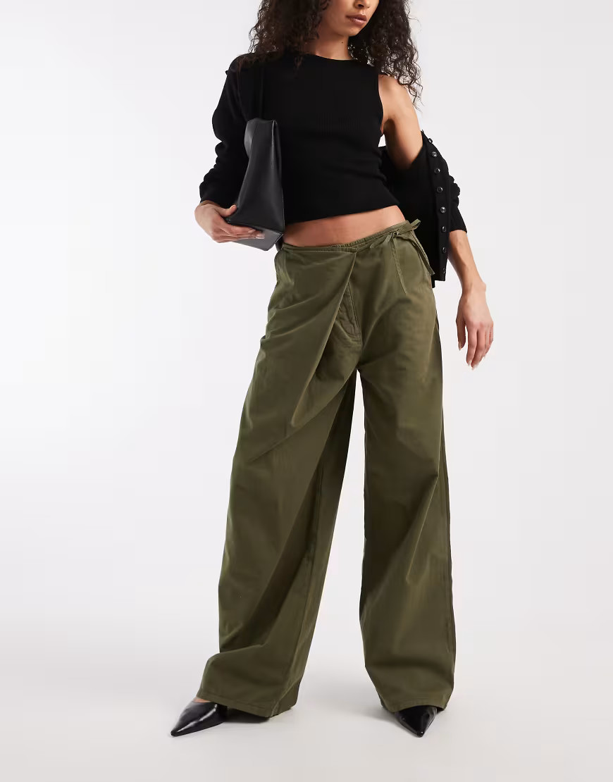 ASOS DESIGN wrap front wide leg pants in green | ASOS (Global)