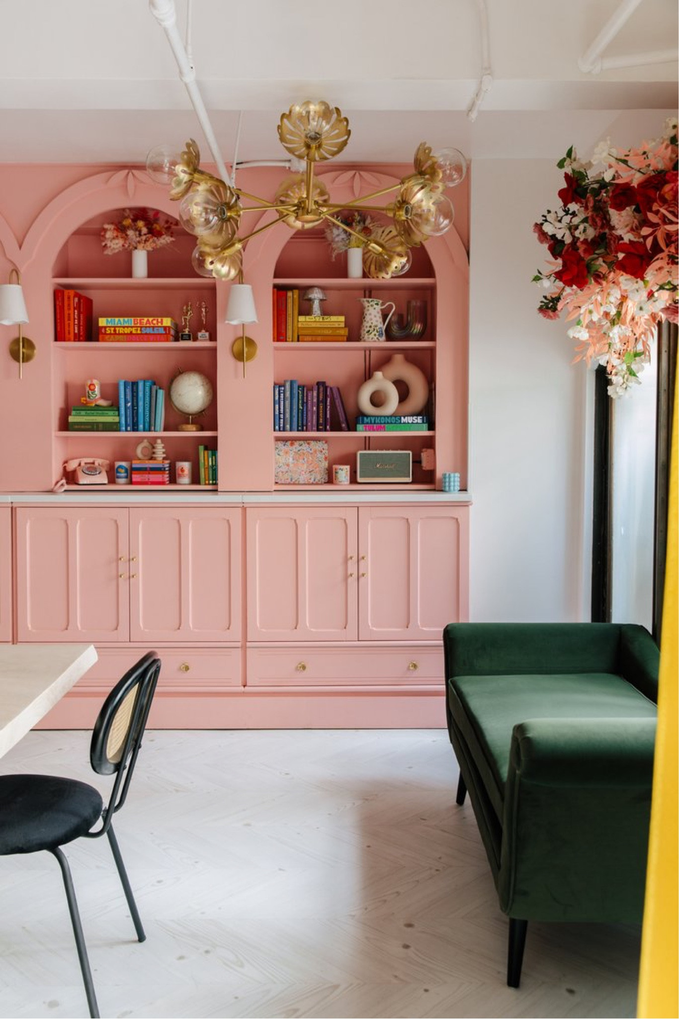 Pink built in bookcase, dining room table, velvet sofa, bookcase styling, bookshelf styling 

#LTKHome