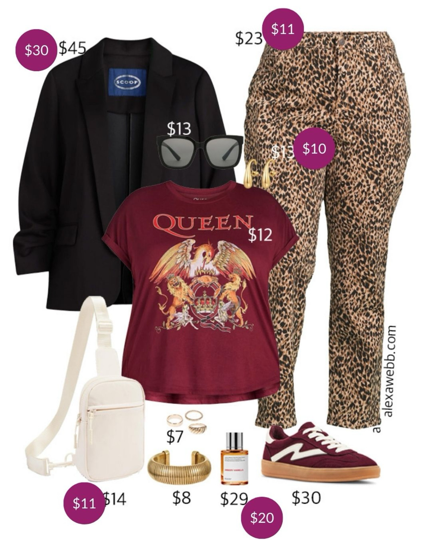 Plus Size on a Budget - Leopard Pants - A plus size casual outfit idea with trendy leopard pants. Topped with a graphic tee, black blazer, and sling bag. Add some burgundy low top sneakers. All on a budget for fall! Alexa Webb

#LTKPlusSize #LTKCyberWeek #LTKFindsUnder50
