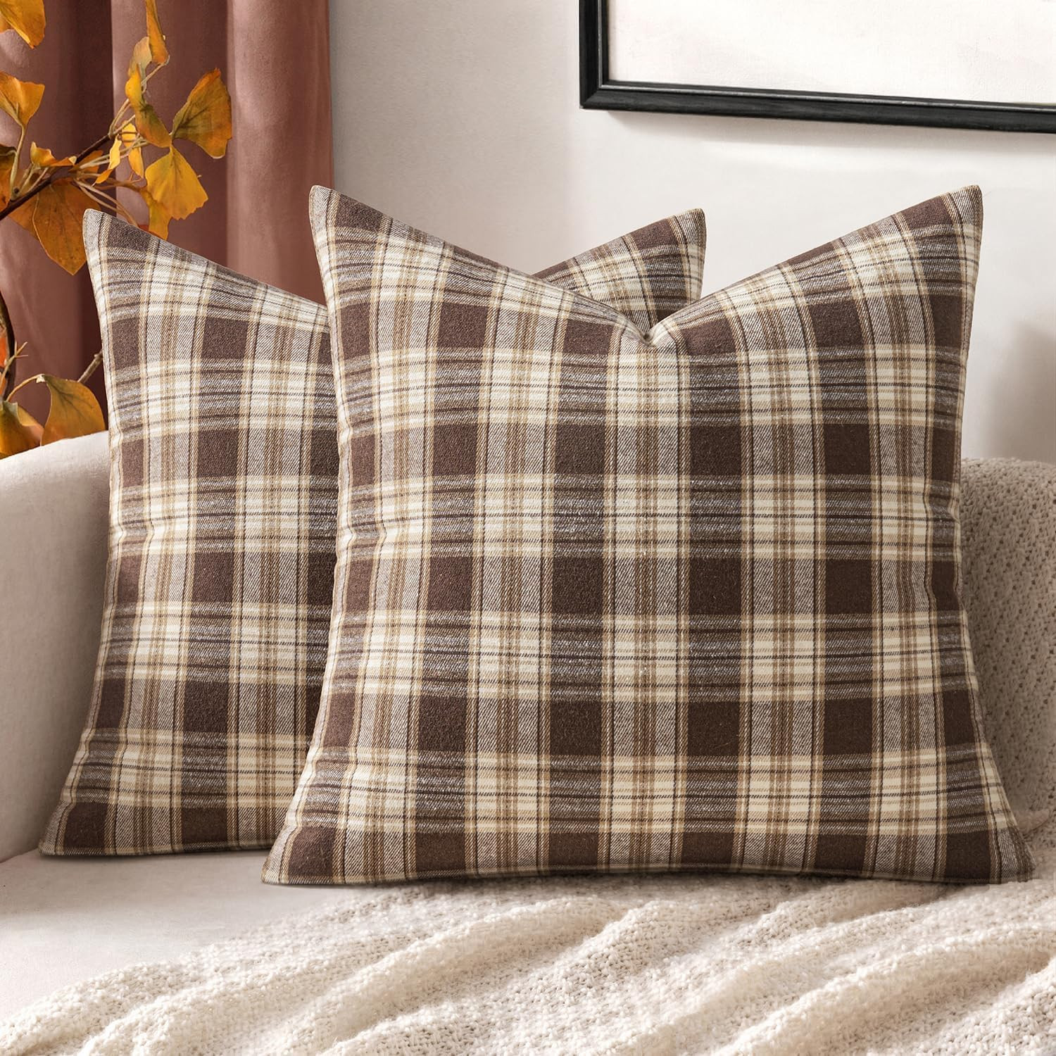 MIULEE Fall Plaid Pillow Covers Scottish Tartan 18x18 Chocolate Brown | Amazon (US)