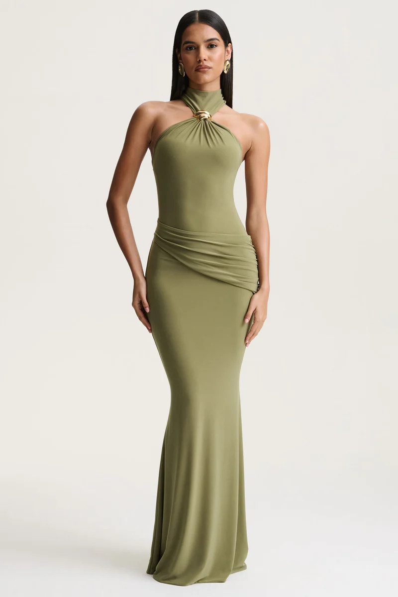 Polina  Olive High-Neck Maxi Dress With Drape And Gold-Detail | Club L London