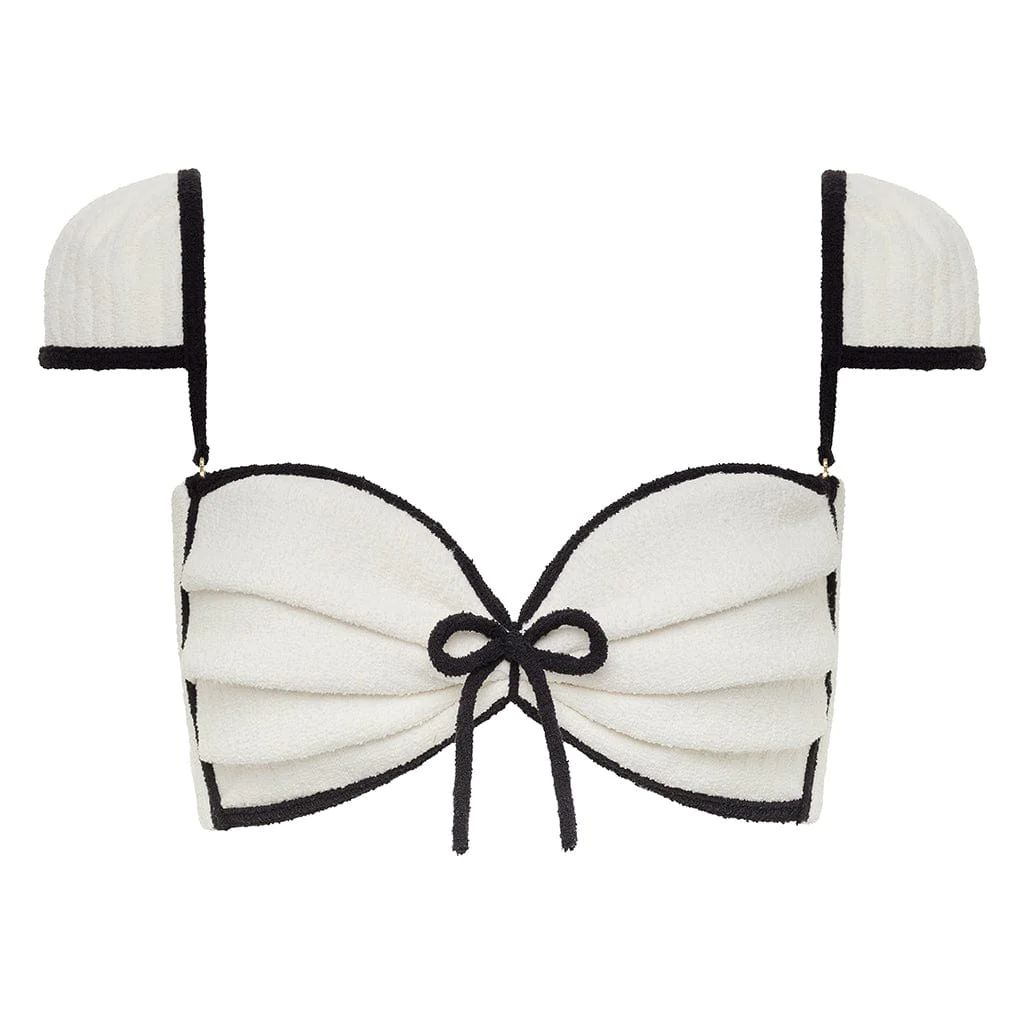 Cream (Black Binded) Terry Rib Cabana Bows Bikini Top | Montce