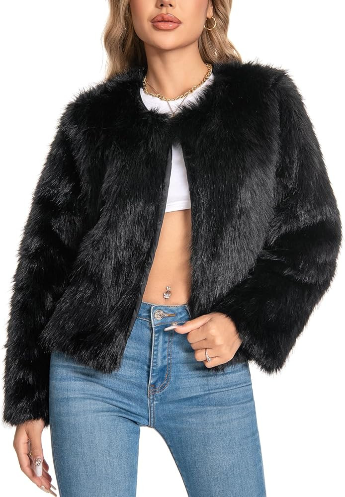 Fur Coats For Women, 2025 Plus Size Faux Fuzzy Jacket Fluffy Long Sleeve Winter Coat with Pockets... | Amazon (US)