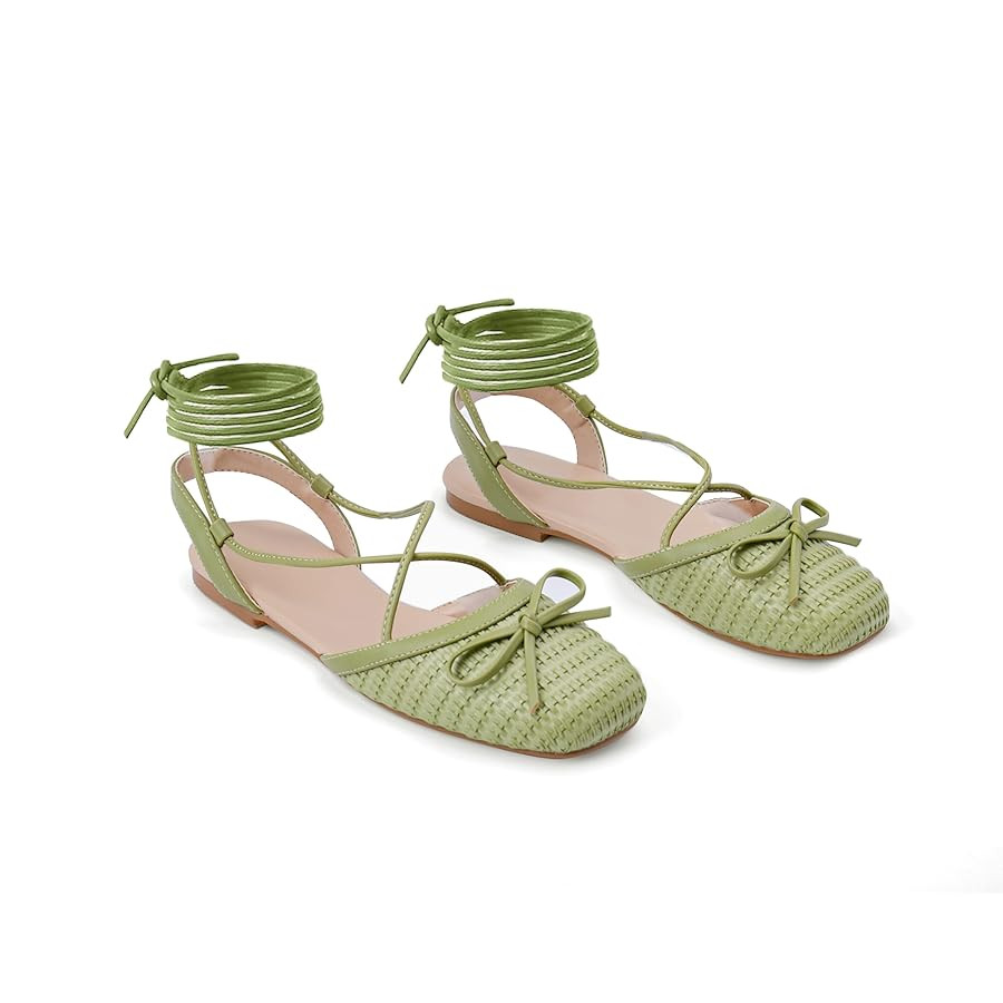 Woven Ballet Flats for Women Lace Up Closed Square Toe Summer Flats Shoes | Amazon (US)