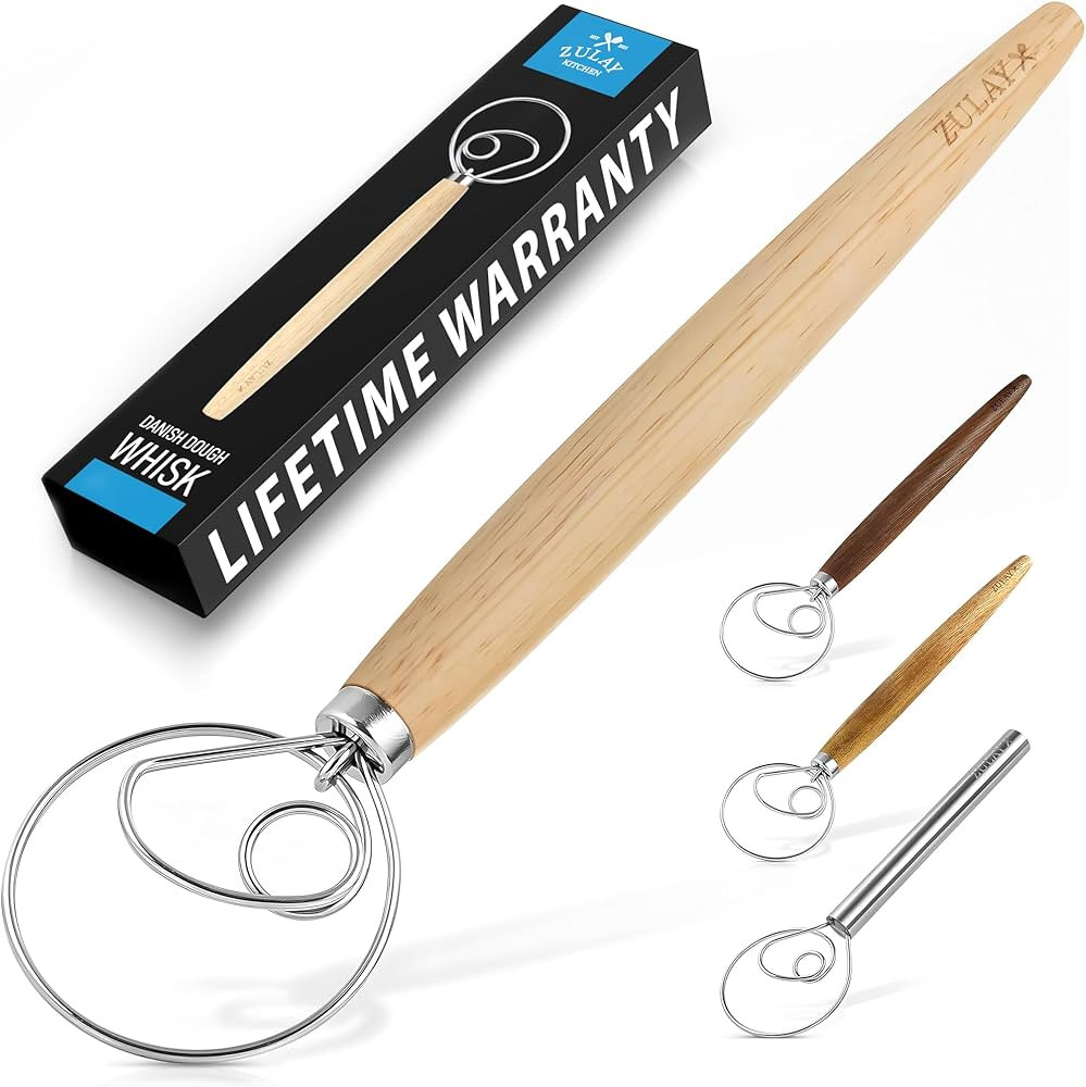 Zulay Kitchen 13-Inch Danish Dough Whisk - Wooden Danish Whisk for Dough with Stainless Steel Dou... | Amazon (US)