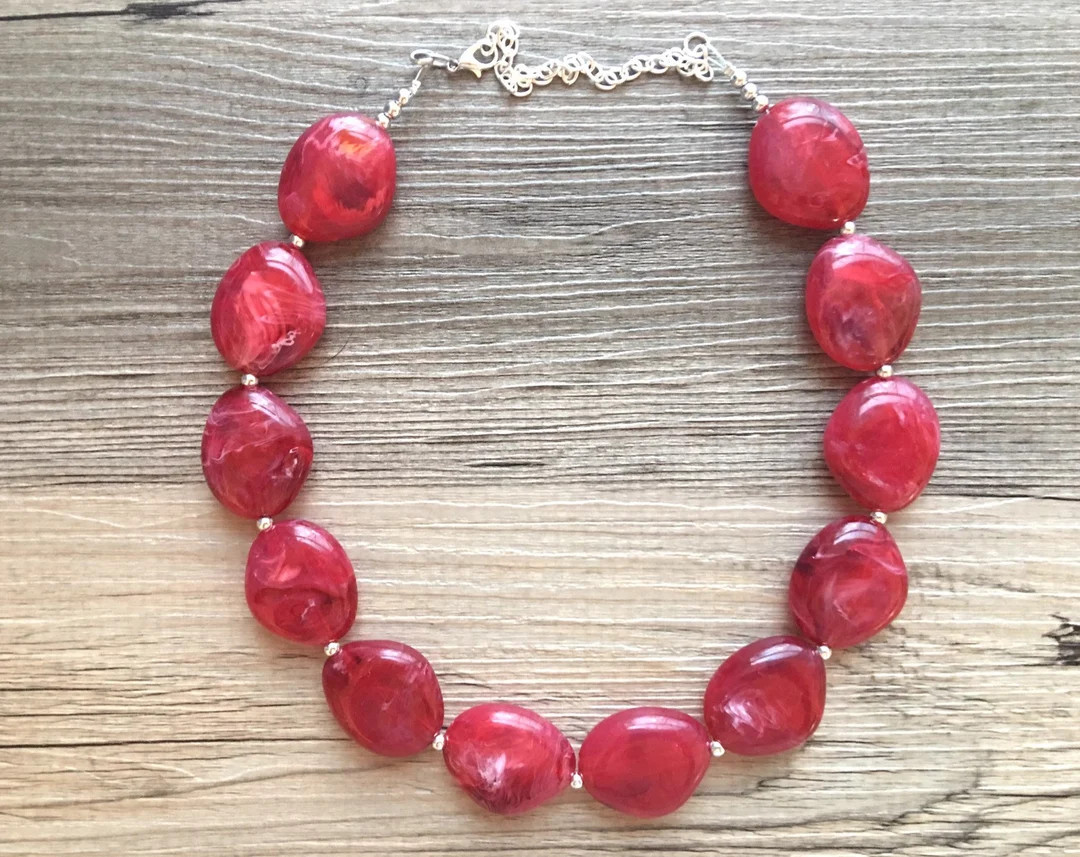 Red Fiesta Single Strand Big Beaded Statement Necklace, Red Beaded Necklace, Red Bridesmaid Neckl... | Etsy (US)
