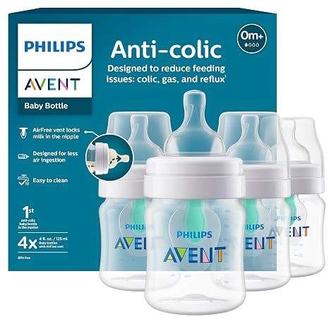 Philips Avent Anti-Colic Baby Bottle with AirFree Vent, Slow Flow 1 Nipple, 0m+, 4oz, 4 Pack, Cle... | Amazon (US)