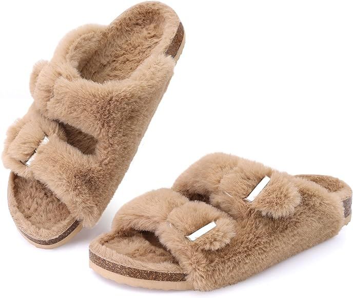 KIDMI Fuzzy Slippers Women with Cork Footbed Fluffy Slide Sandals Open Toe Indoor House Shoes | Arch | Amazon (US)