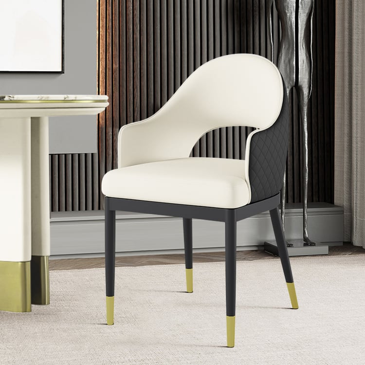 Modern Hollow Back Dining Chair Set of 2 White & Black PU Leather with Arms | Homary