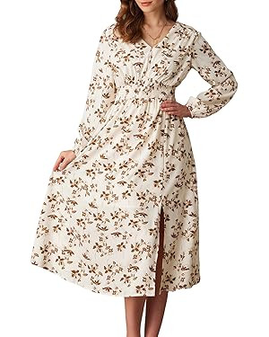 GRACE KARIN Women's 2024 Fall Boho Floral Midi Dress Casual Long Sleeve V Neck Beach Flowy Weddin... | Amazon (US)
