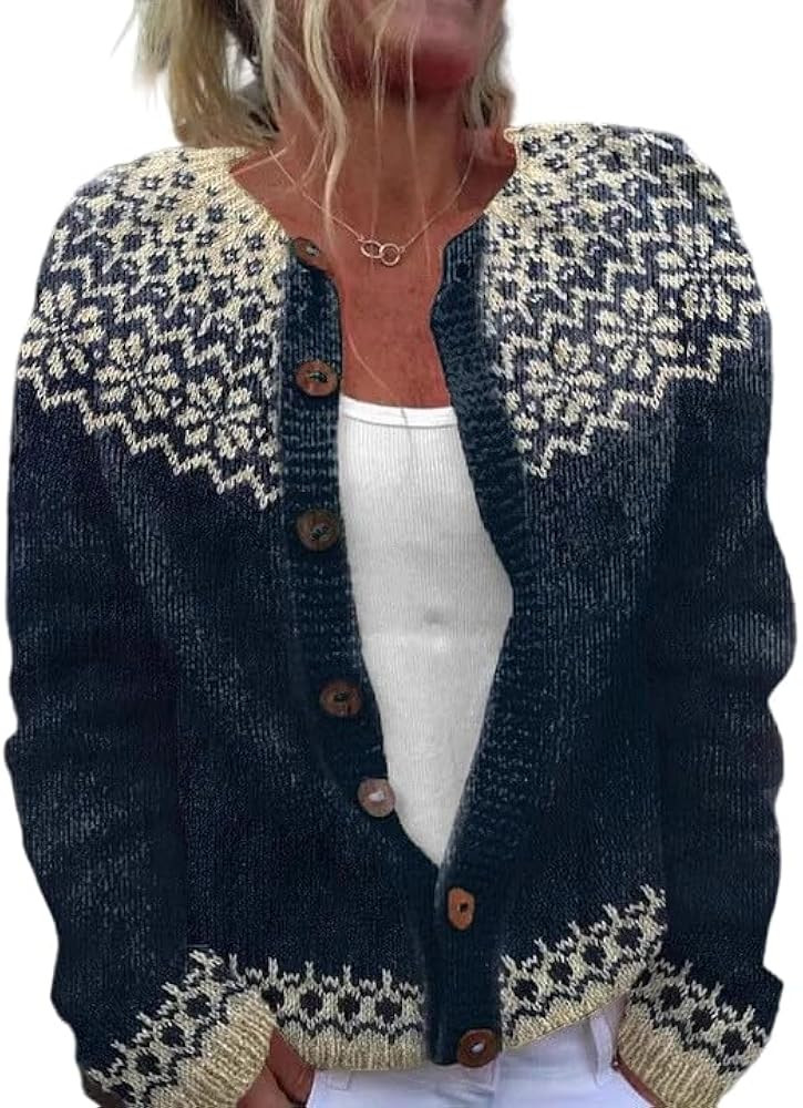 Women's Fair Isle Button Down Cardigan Sweater, Long Sleeve Knit Fall Winter Layering Top 2025 | Amazon (US)